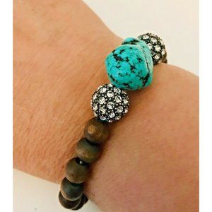 Turquoise & Brown Wood Bead Bracelet Stretch